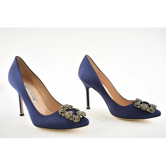 Manolo Blahnik Hangisi 105 Navy Blue Satin Crystal Jewel Buckle Heel Pump 40 - Picture 4 of 12